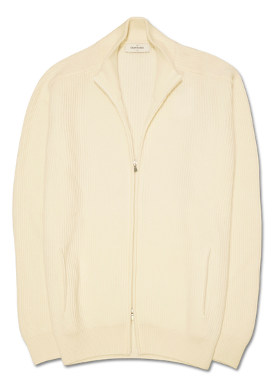 Gran Sasso Wool Cashmere Rib Full Zip Ecru