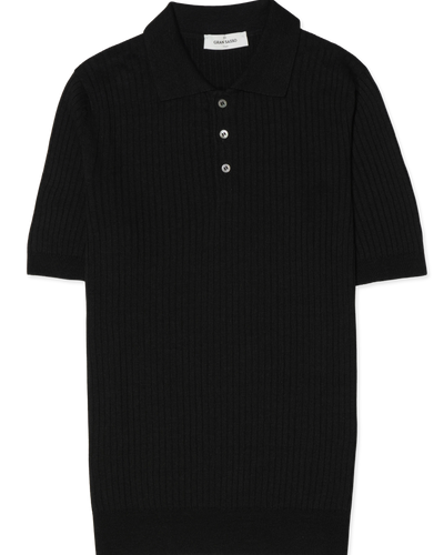 Gran Sasso Polo Shirt Linen Cotton Ribbed Black