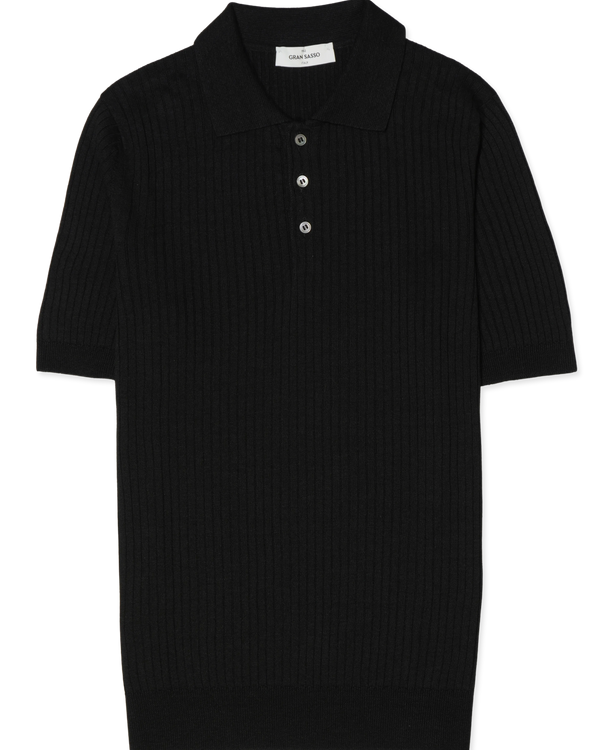 Gran Sasso Polo Shirt Linen Cotton Ribbed Black
