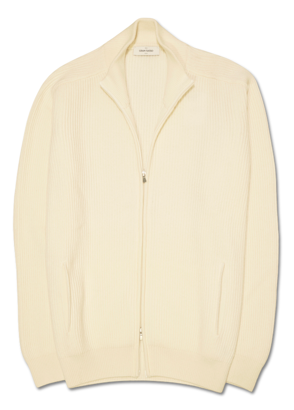 Gran Sasso Wool Cashmere Rib Full Zip Ecru