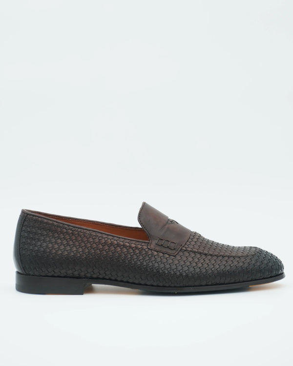Doucals Woven Leather Penny Loafer Dark Brown