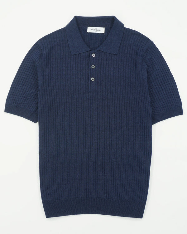 Gran Sasso Polo Shirt Linen Cotton Ribbed Navy